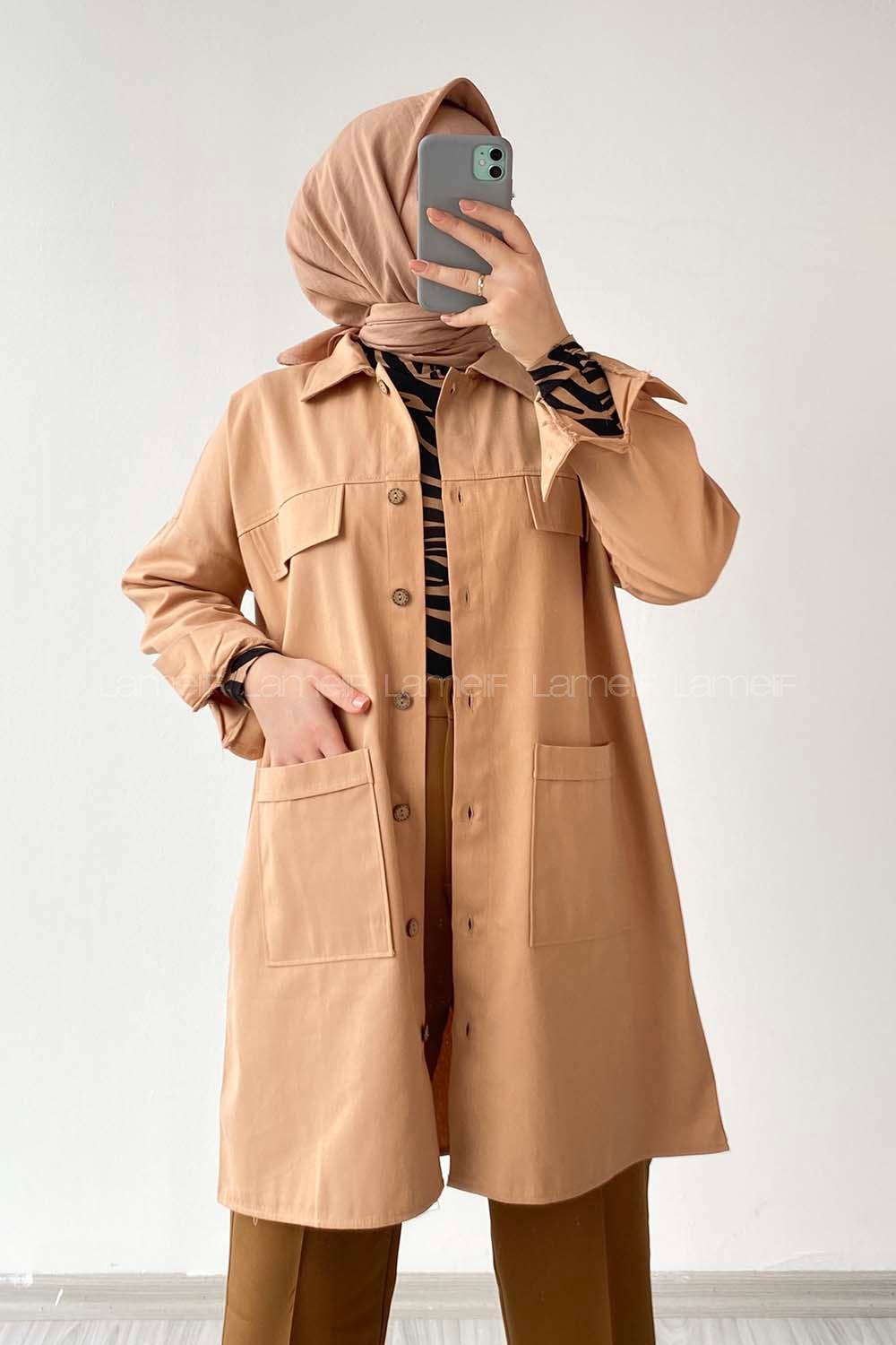 Modalamelif  Körük Cepli Oversize Gömlek Camel