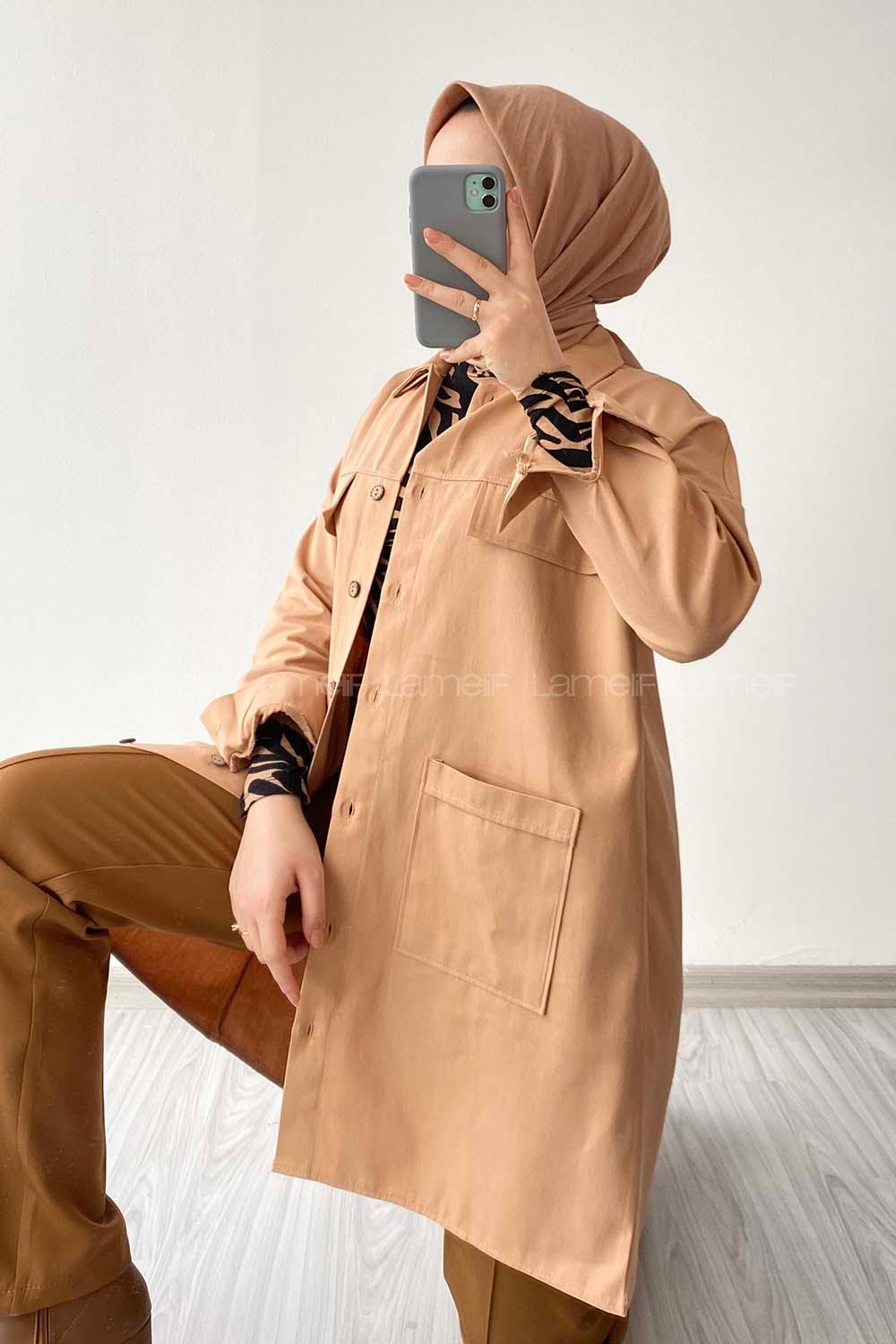 Modalamelif  Körük Cepli Oversize Gömlek Camel