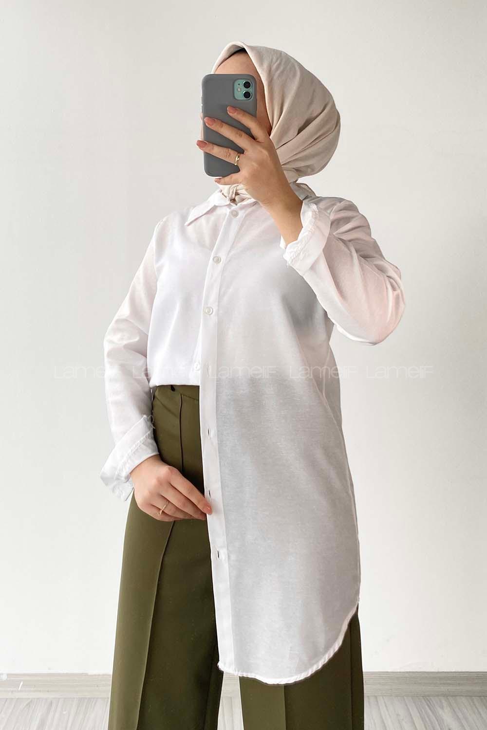 Modalamelif Önü Boydan  Düğmeli Boyfriend Gömlek Beyaz