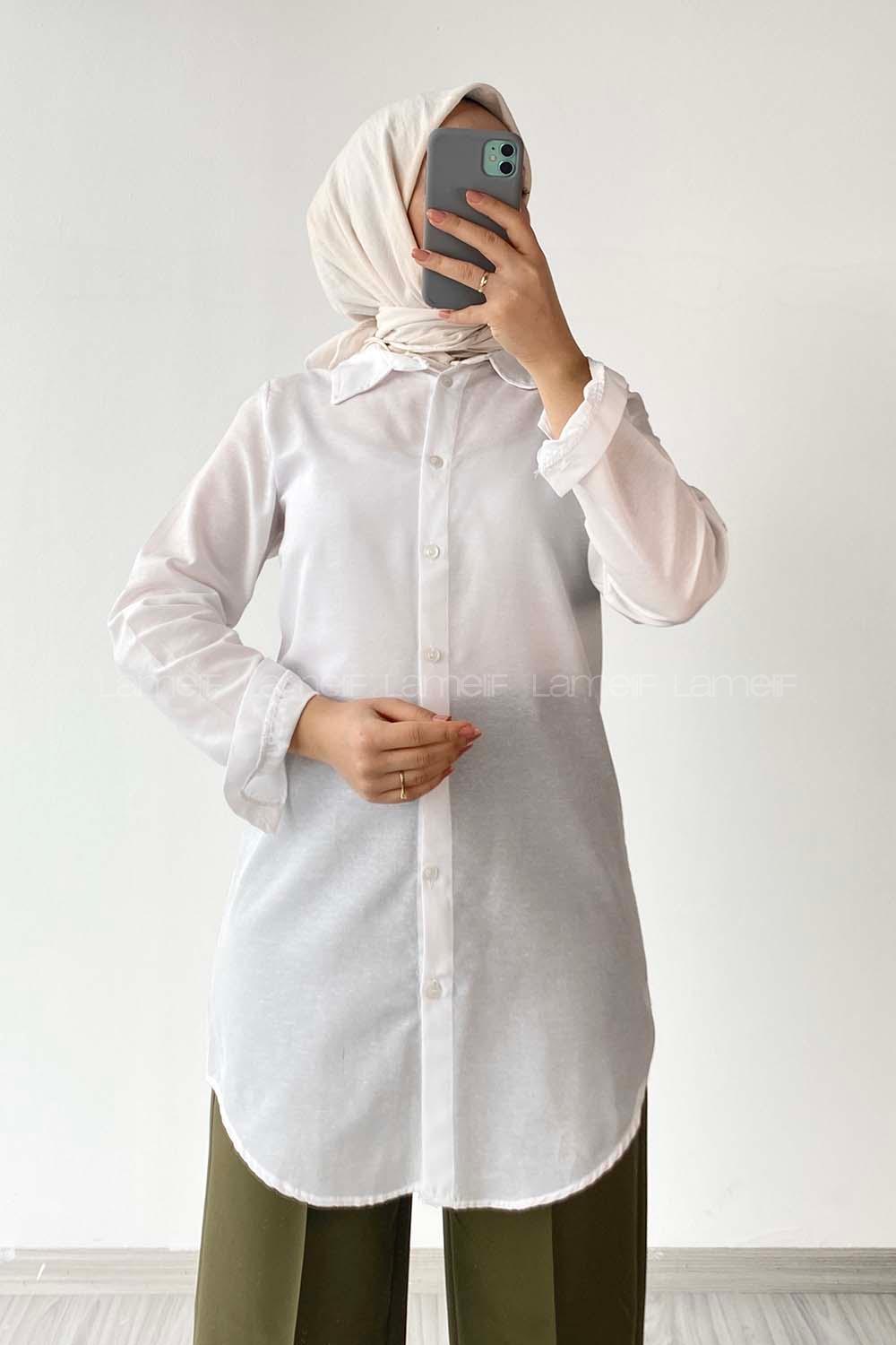 Modalamelif Önü Boydan  Düğmeli Boyfriend Gömlek Beyaz