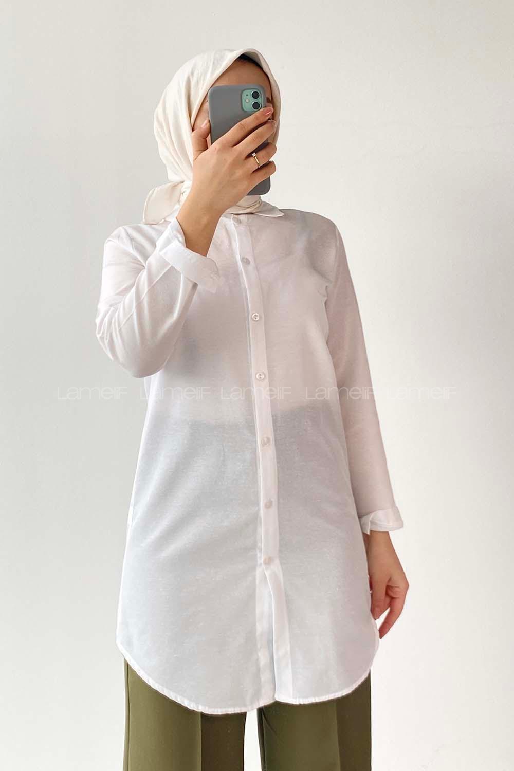 Modalamelif Önü Boydan  Düğmeli Boyfriend Gömlek Beyaz