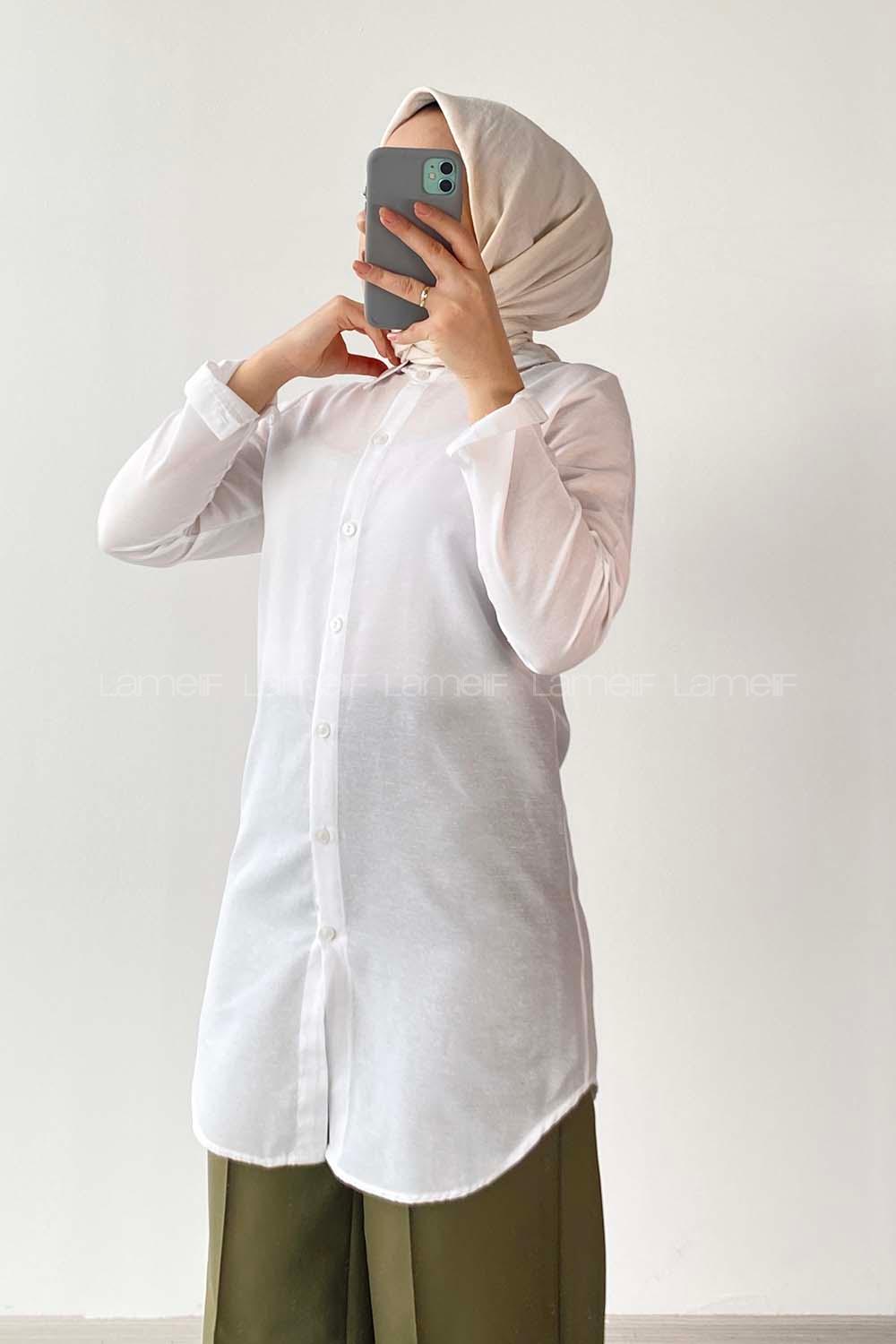 Modalamelif Önü Boydan  Düğmeli Boyfriend Gömlek Beyaz