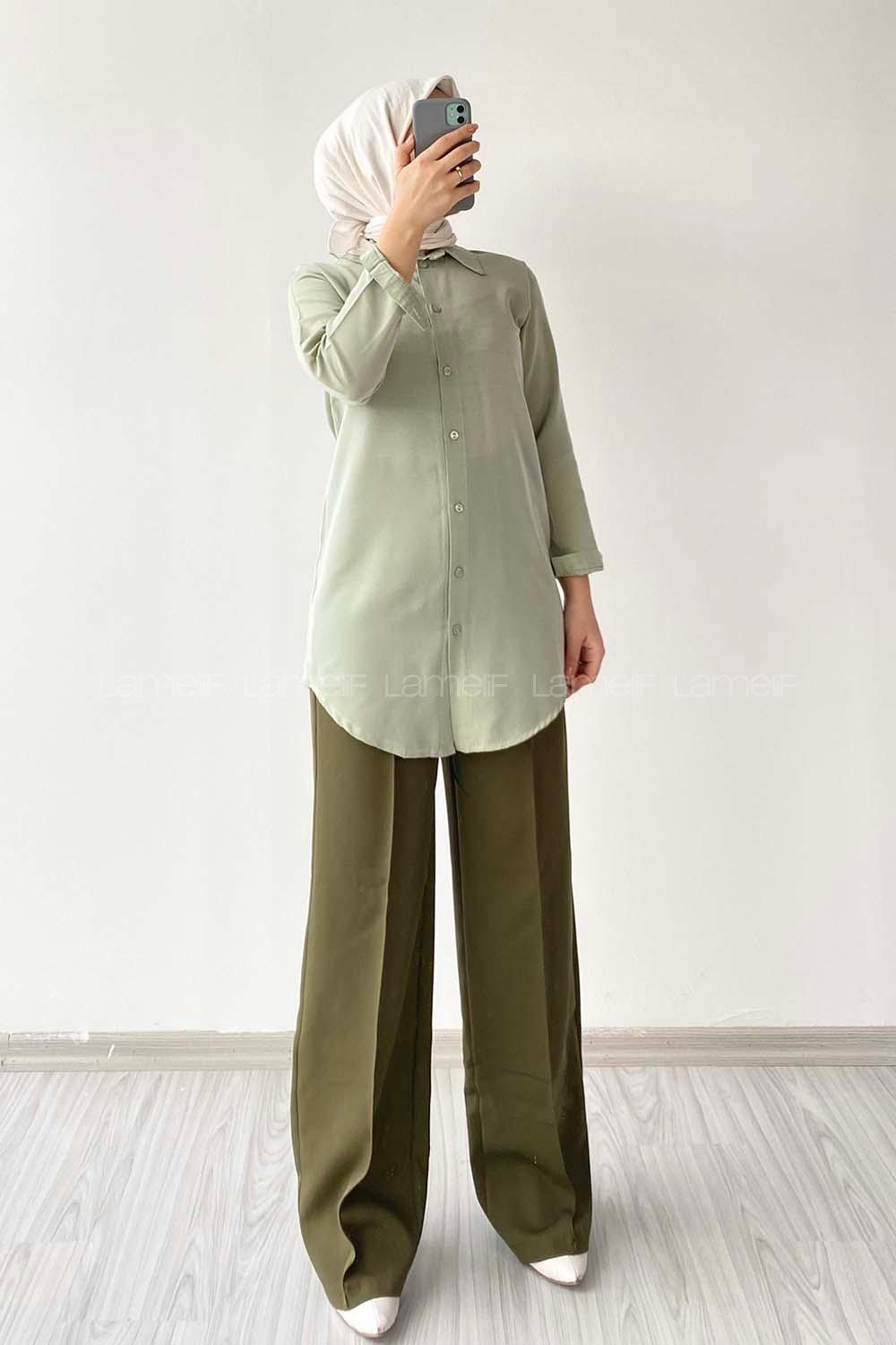 Modalamelif Önü Boydan  Düğmeli Boyfriend Gömlek Çağla Yeşili