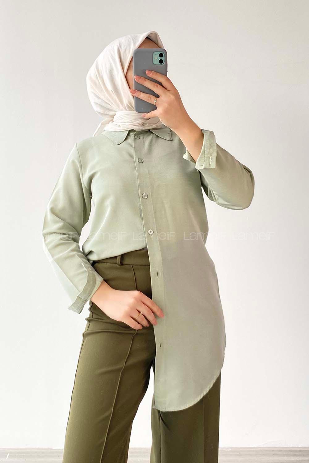 Modalamelif Önü Boydan  Düğmeli Boyfriend Gömlek Çağla Yeşili