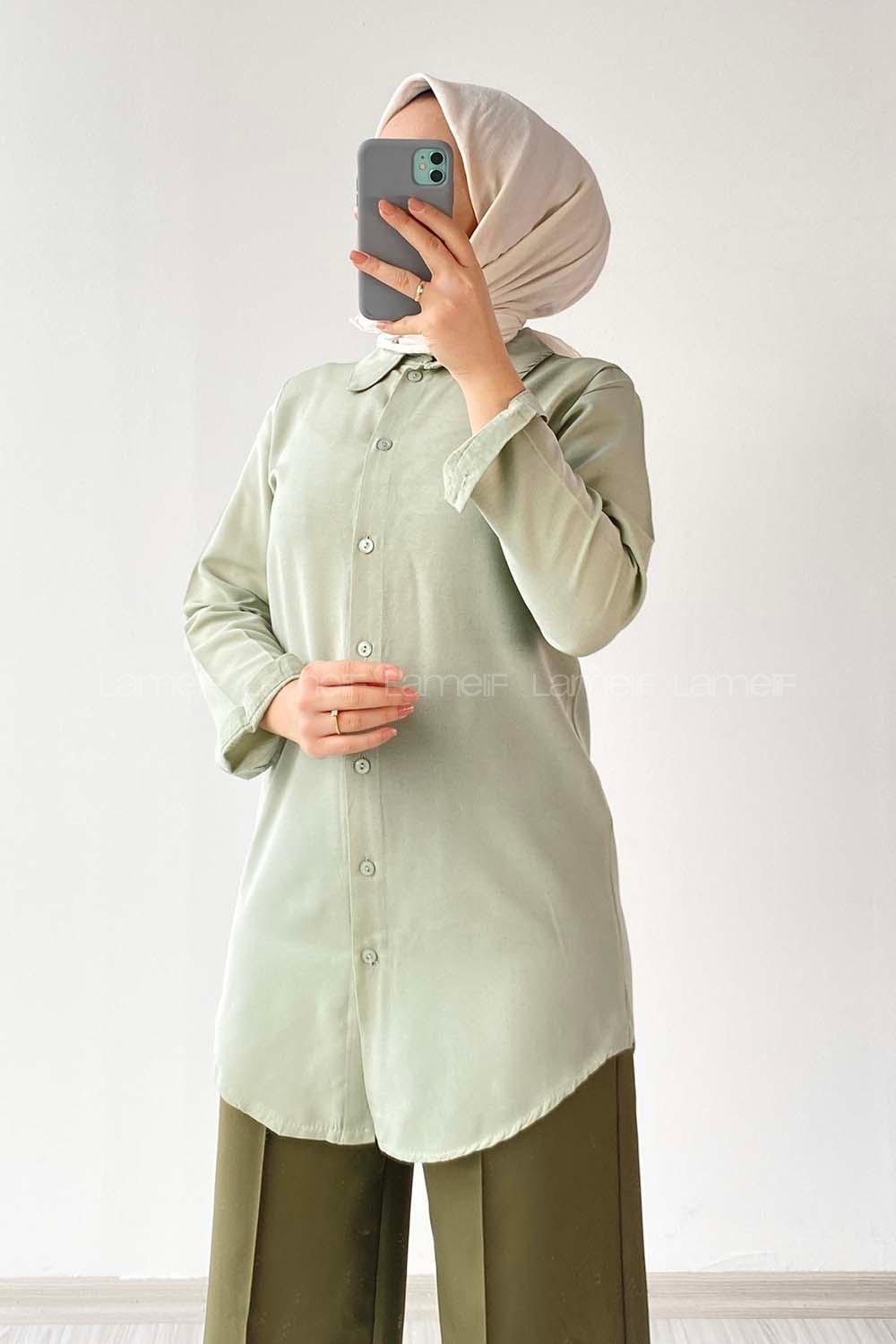 Modalamelif Önü Boydan  Düğmeli Boyfriend Gömlek Çağla Yeşili