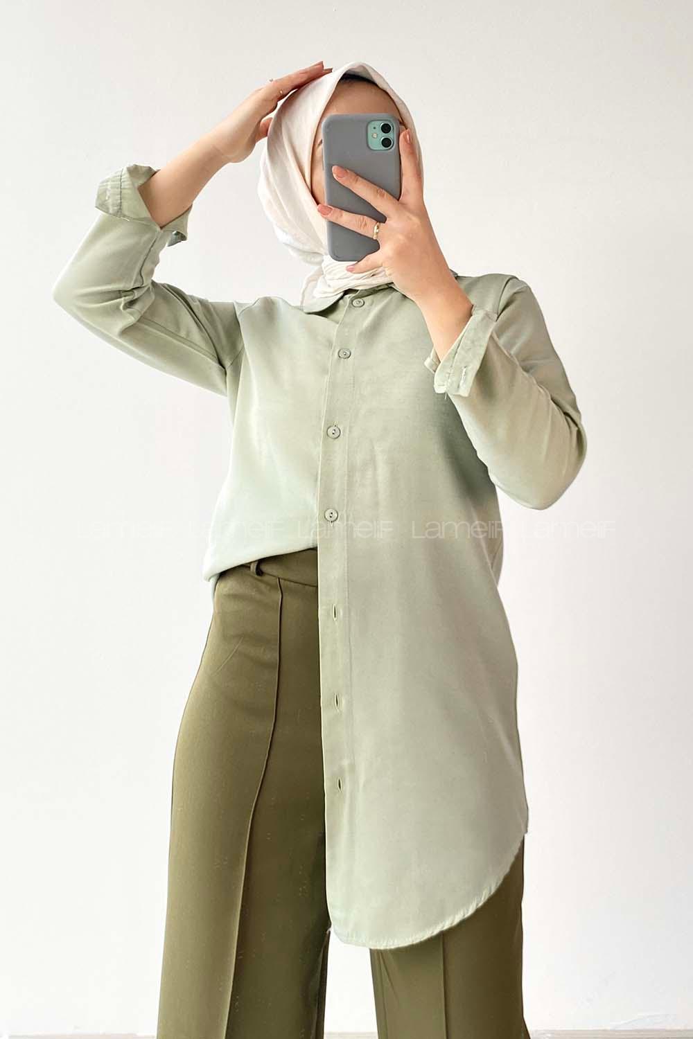 Modalamelif Önü Boydan  Düğmeli Boyfriend Gömlek Çağla Yeşili