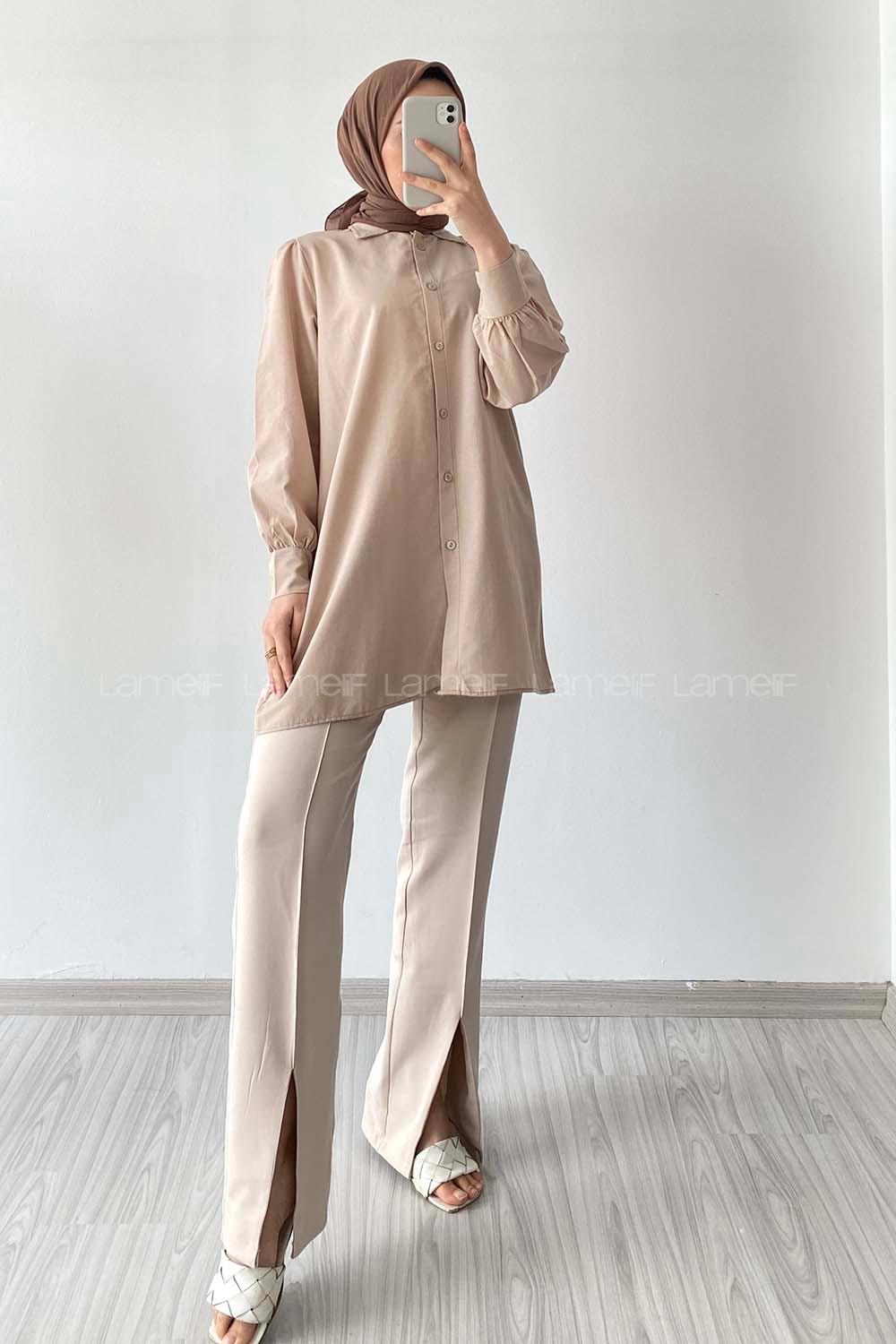 Modalamelif Önü Düğmeli Balon Kol Gömlek Bej