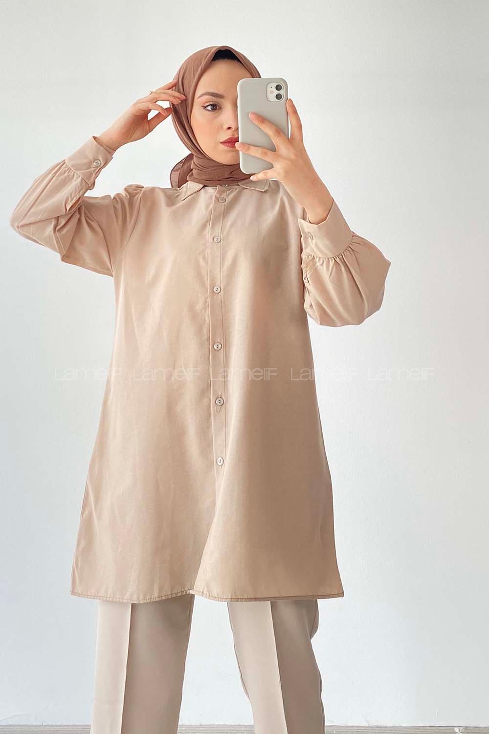 Modalamelif Önü Düğmeli Balon Kol Gömlek Bej