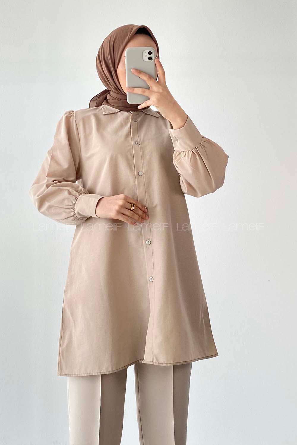 Modalamelif Önü Düğmeli Balon Kol Gömlek Bej
