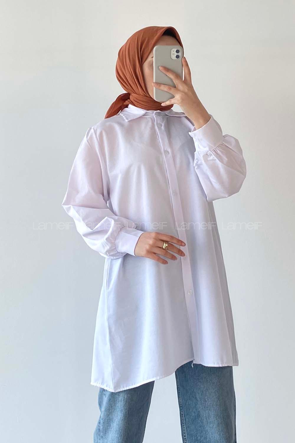 Modalamelif Önü Düğmeli Balon Kol Gömlek Beyaz