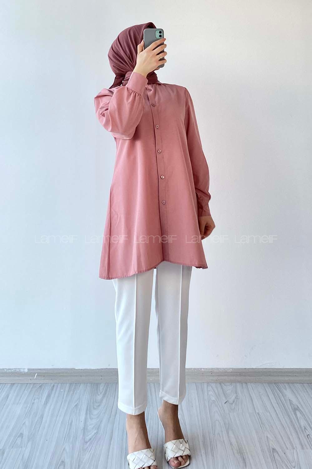 Modalamelif Önü Düğmeli Balon Kol Gömlek Gül