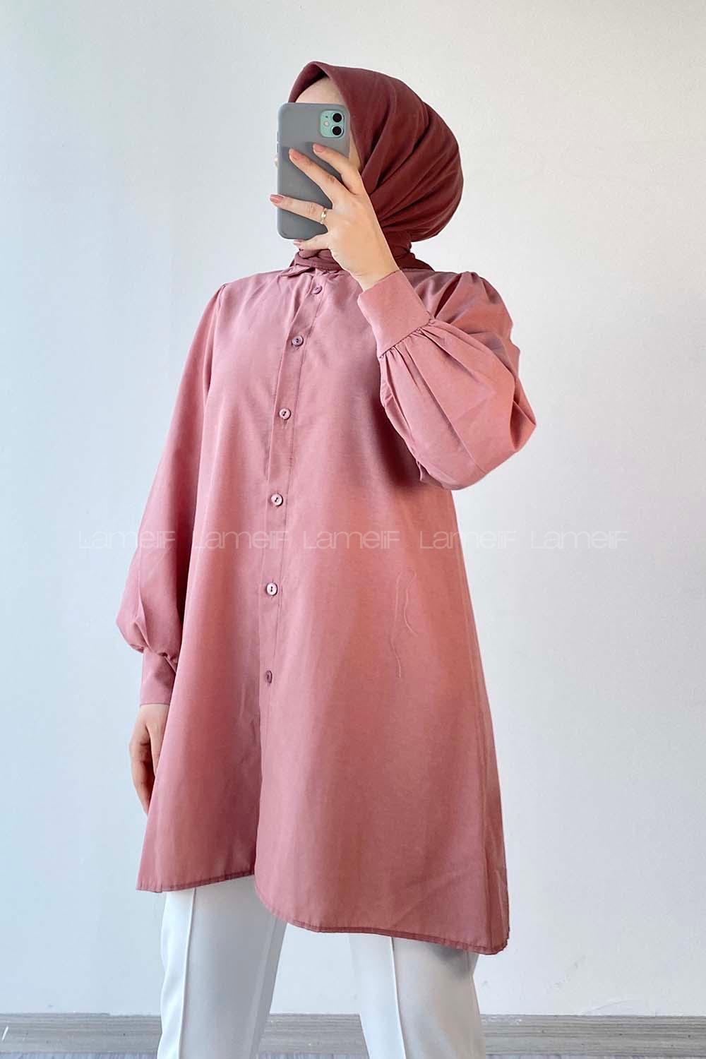 Modalamelif Önü Düğmeli Balon Kol Gömlek Gül