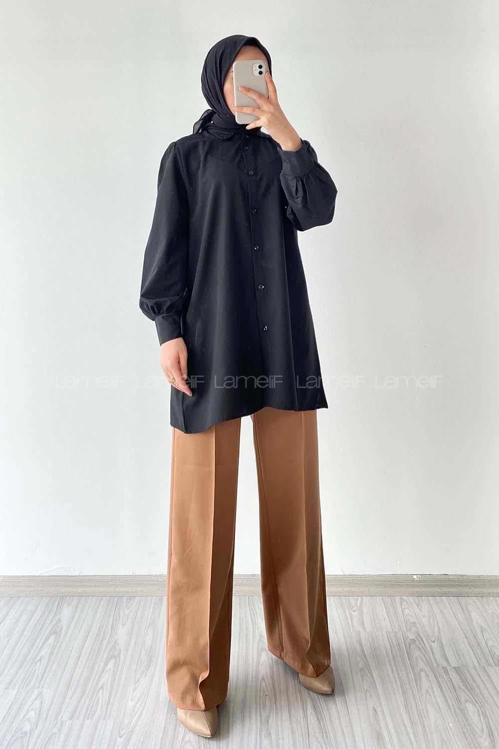 Modalamelif Önü Düğmeli Balon Kol Gömlek Siyah