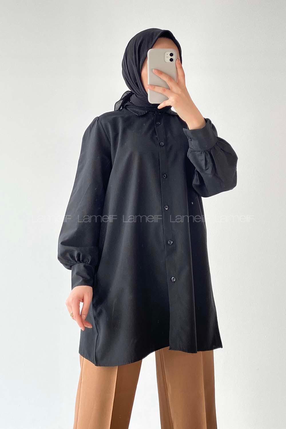 Modalamelif Önü Düğmeli Balon Kol Gömlek Siyah