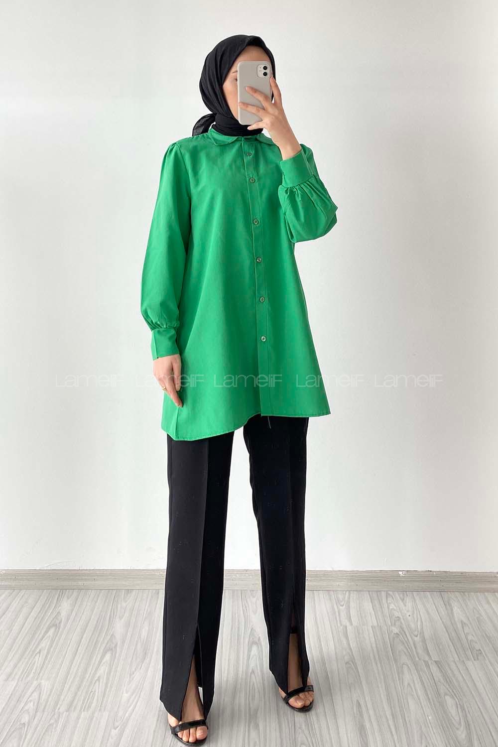 Modalamelif Önü Düğmeli Balon Kol Gömlek Yeşil
