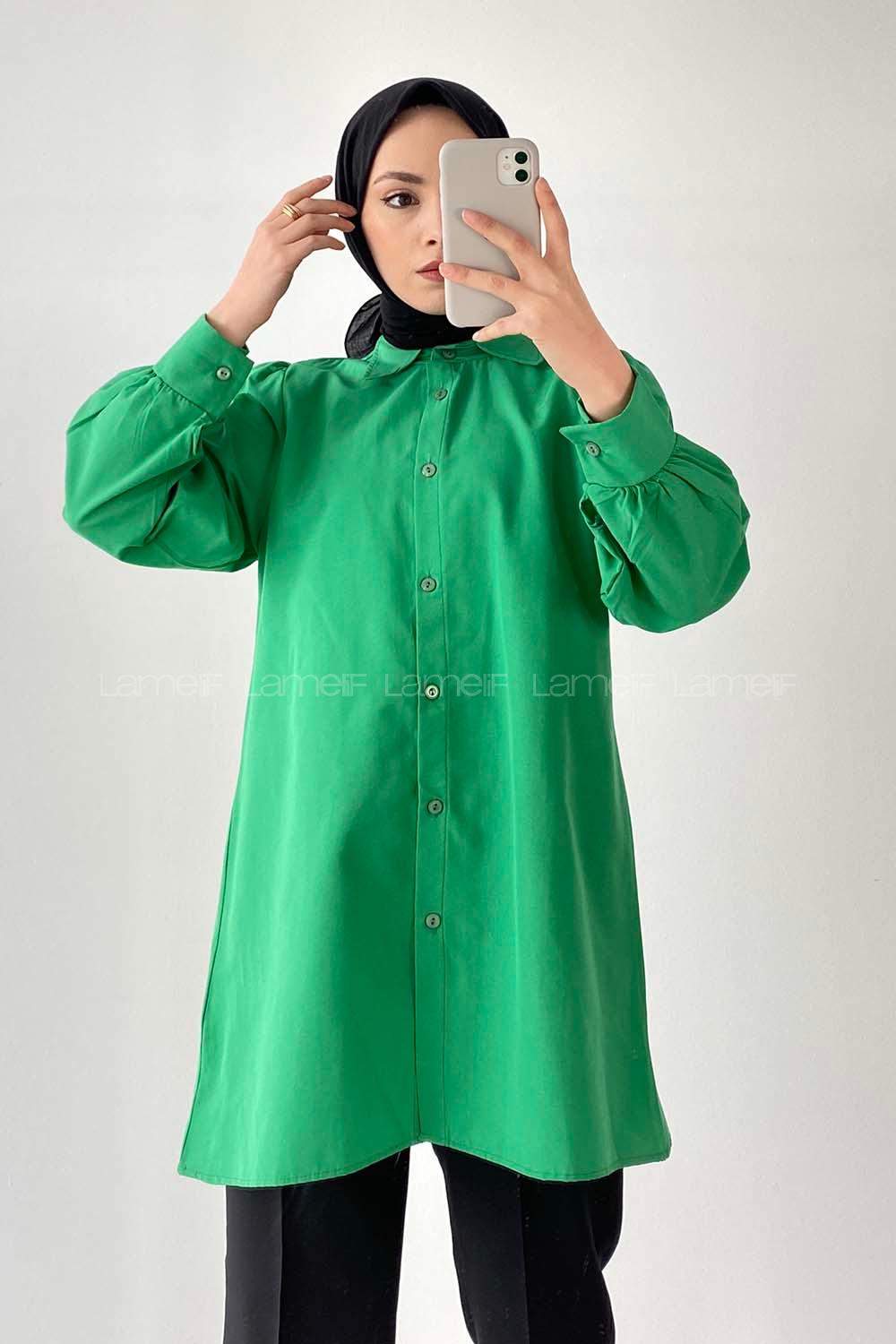 Modalamelif Önü Düğmeli Balon Kol Gömlek Yeşil