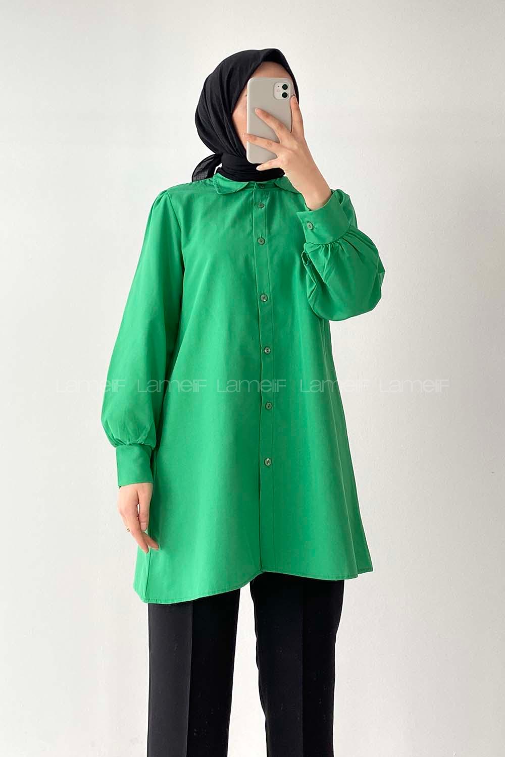 Modalamelif Önü Düğmeli Balon Kol Gömlek Yeşil
