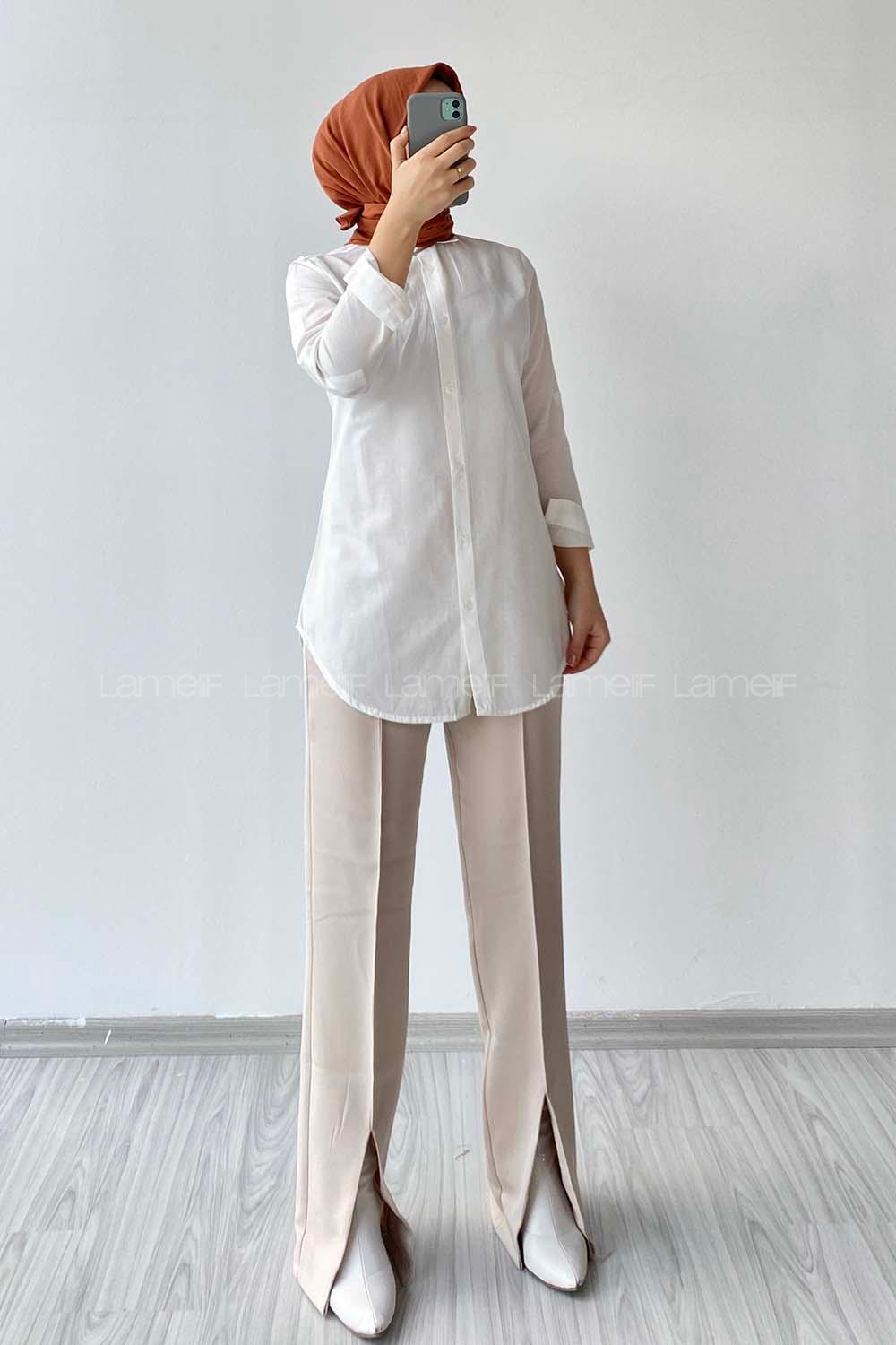 Modalamelif Oversize Kol Katlamalı Gömlek Beyaz