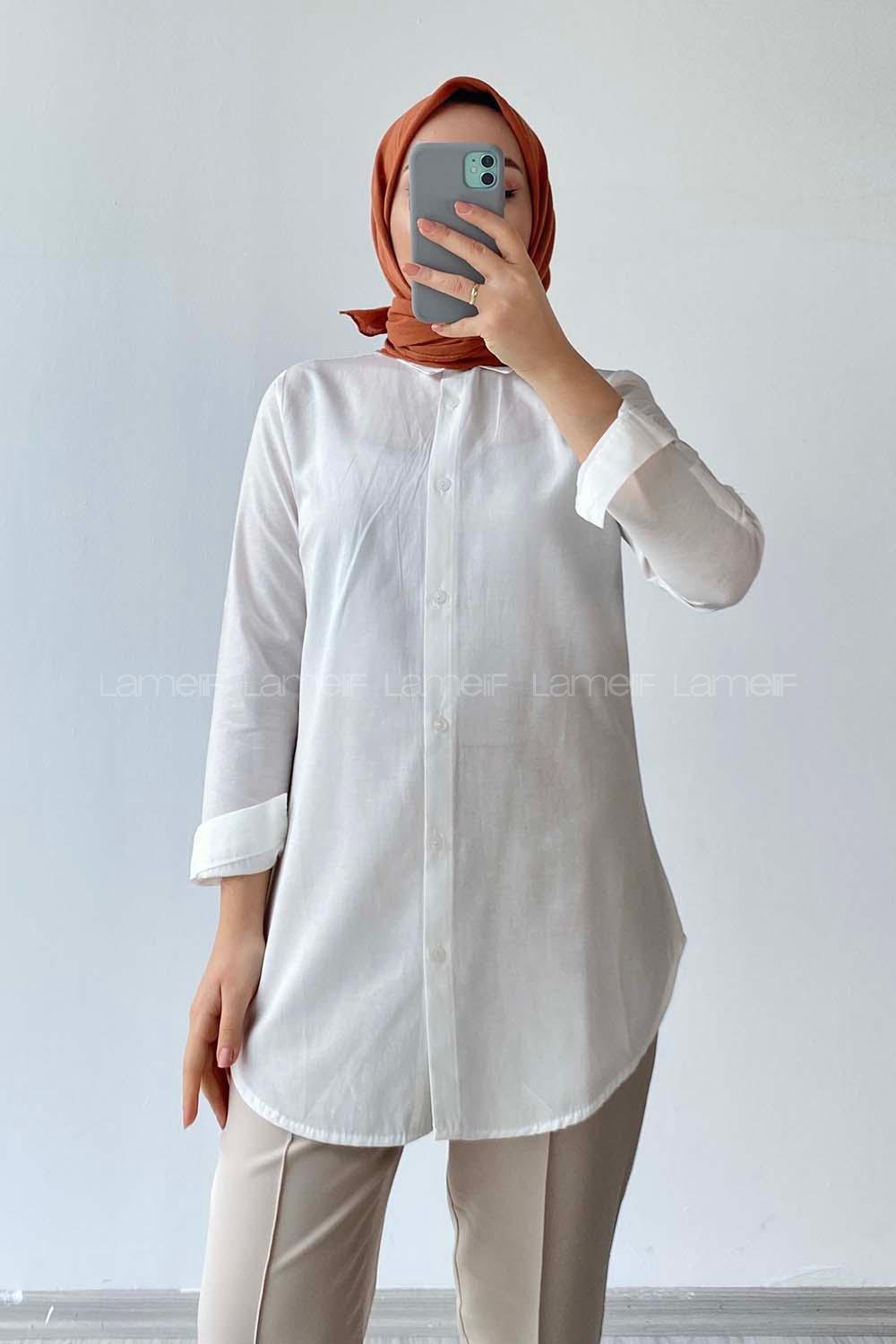 Modalamelif Oversize Kol Katlamalı Gömlek Beyaz