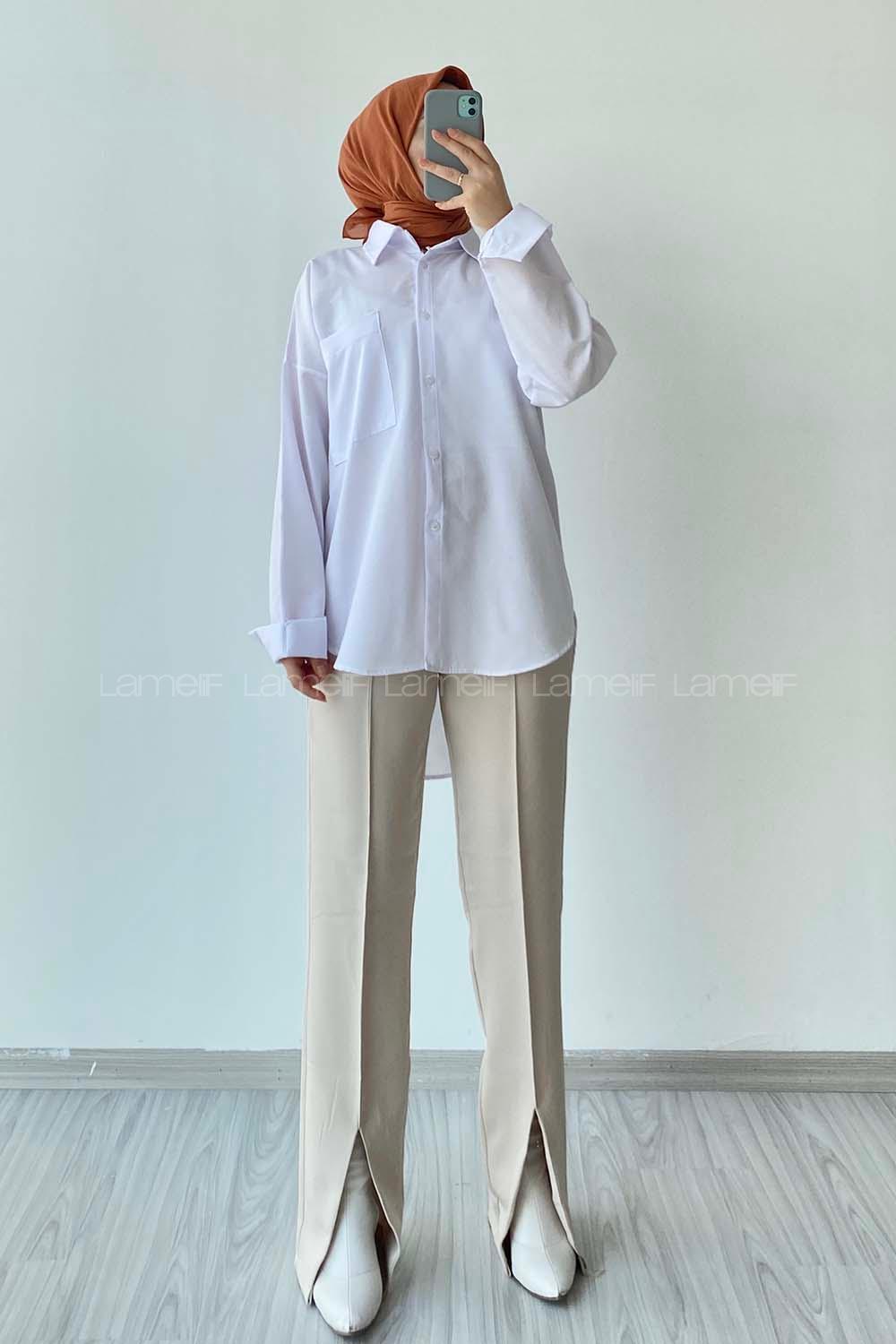 Modalamelif Oversize Tek Cepli Asimetrik Kesim Gömlek Beyaz