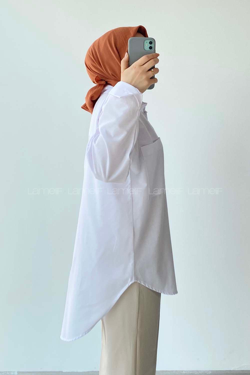 Modalamelif Oversize Tek Cepli Asimetrik Kesim Gömlek Beyaz