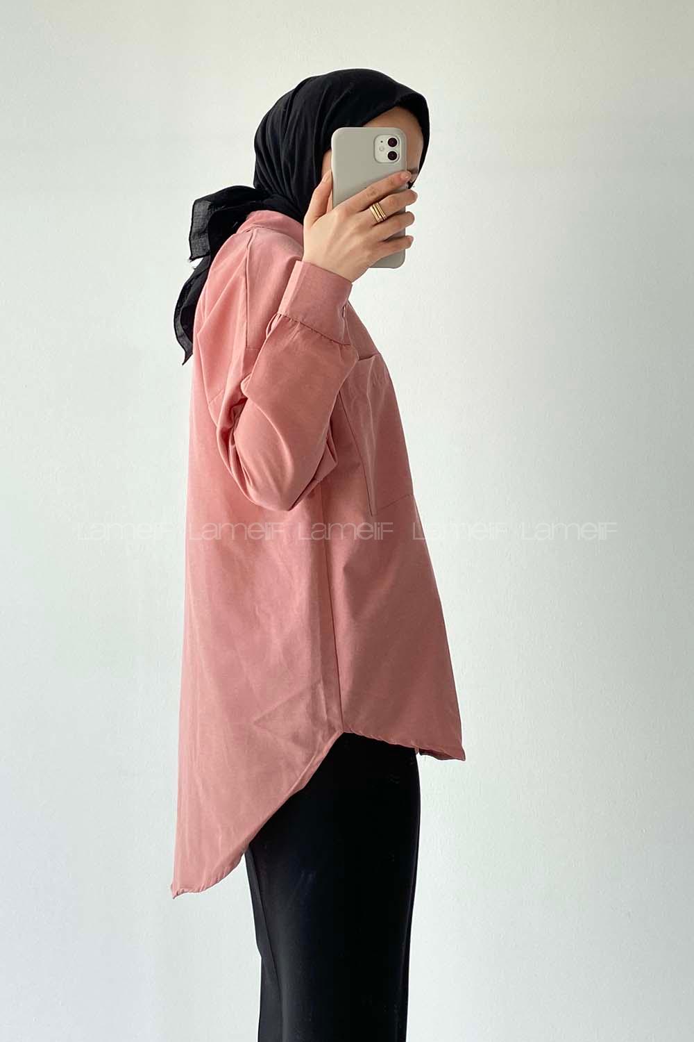 Modalamelif Oversize Tek Cepli Asimetrik Kesim Gömlek Gül