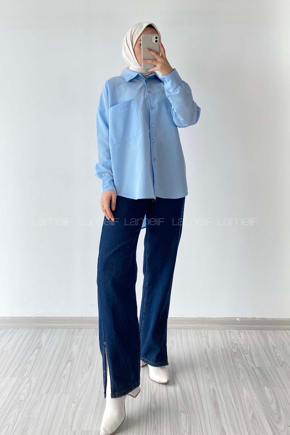 Modalamelif Oversize Tek Cepli Asimetrik Kesim Gömlek Mavi