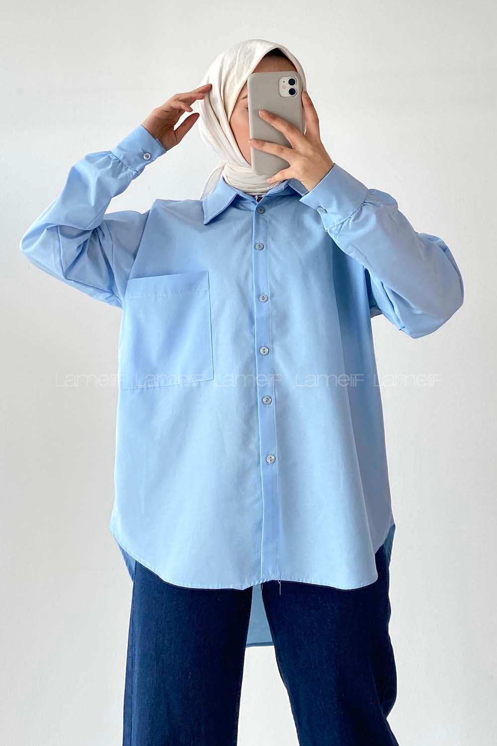 Modalamelif Oversize Tek Cepli Asimetrik Kesim Gömlek Mavi