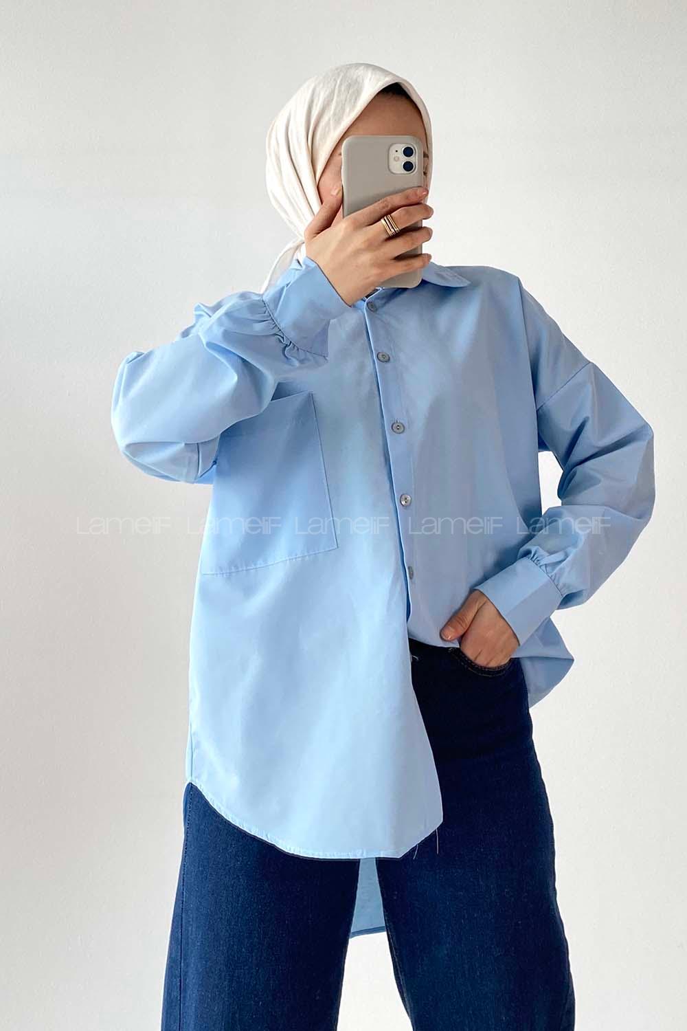 Modalamelif Oversize Tek Cepli Asimetrik Kesim Gömlek Mavi