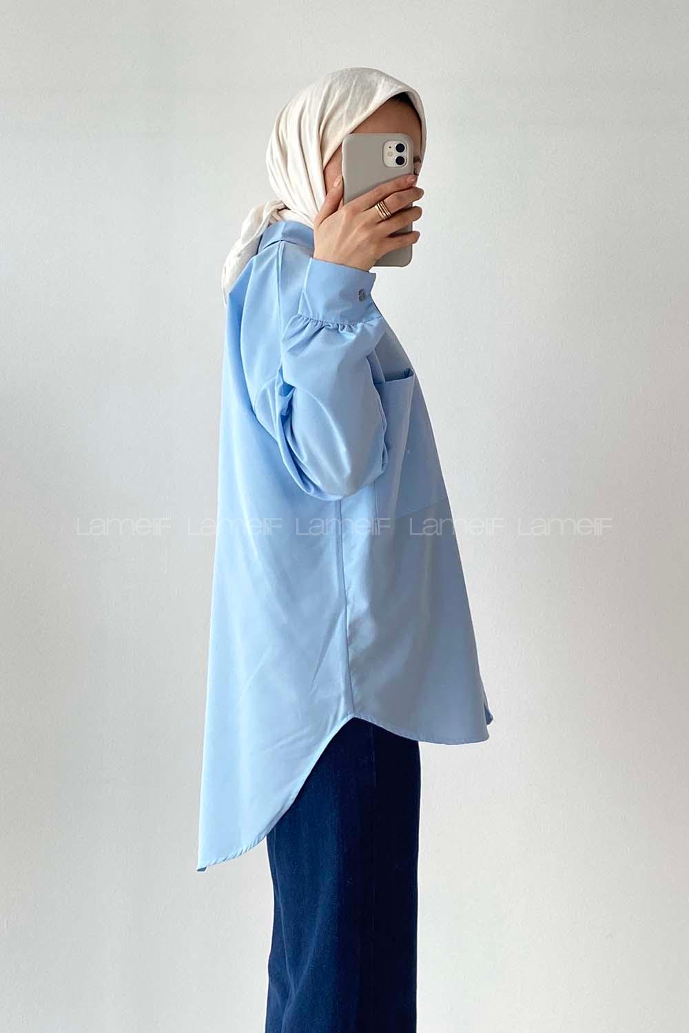 Modalamelif Oversize Tek Cepli Asimetrik Kesim Gömlek Mavi