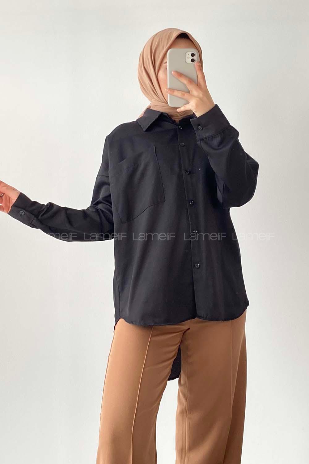 Modalamelif Oversize Tek Cepli Asimetrik Kesim Gömlek Siyah