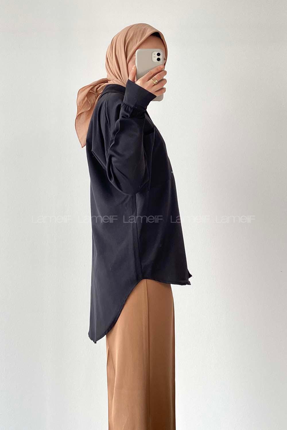 Modalamelif Oversize Tek Cepli Asimetrik Kesim Gömlek Siyah