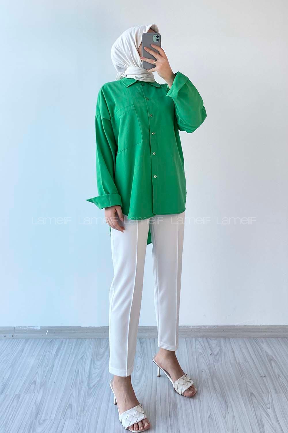 Modalamelif Oversize Tek Cepli Asimetrik Kesim Gömlek Yeşil