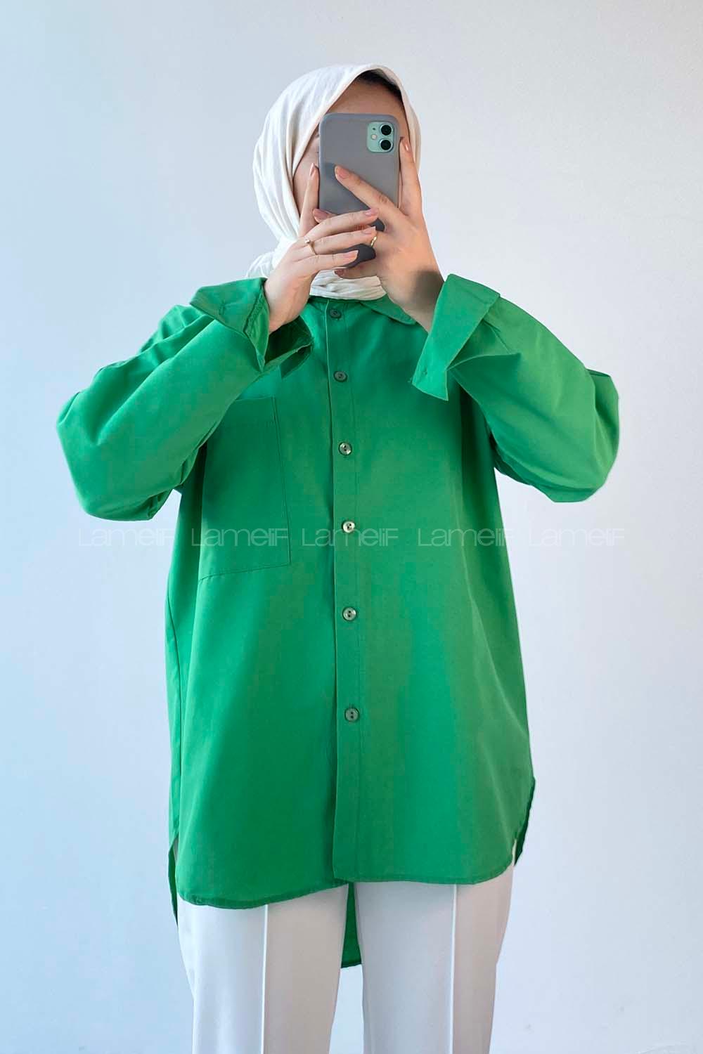 Modalamelif Oversize Tek Cepli Asimetrik Kesim Gömlek Yeşil