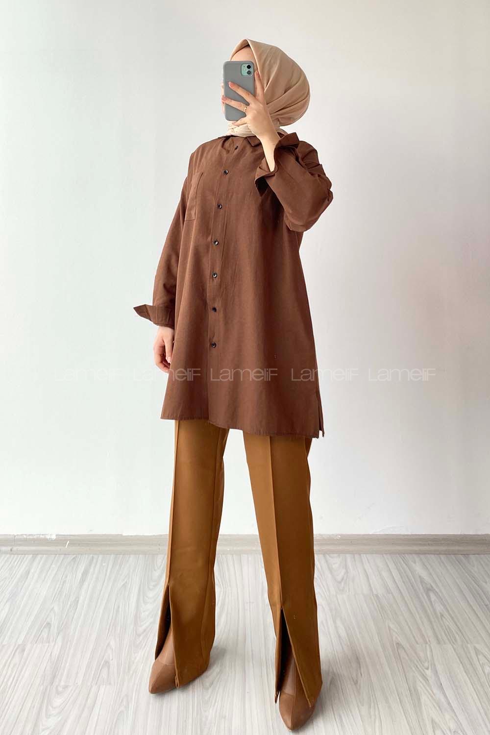 Modalamelif Tek Cep Detaylı Dakron Gömlek Acıkahve