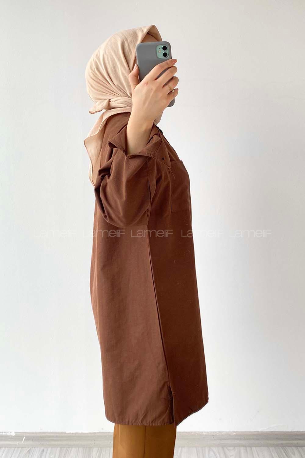 Modalamelif Tek Cep Detaylı Dakron Gömlek Acıkahve