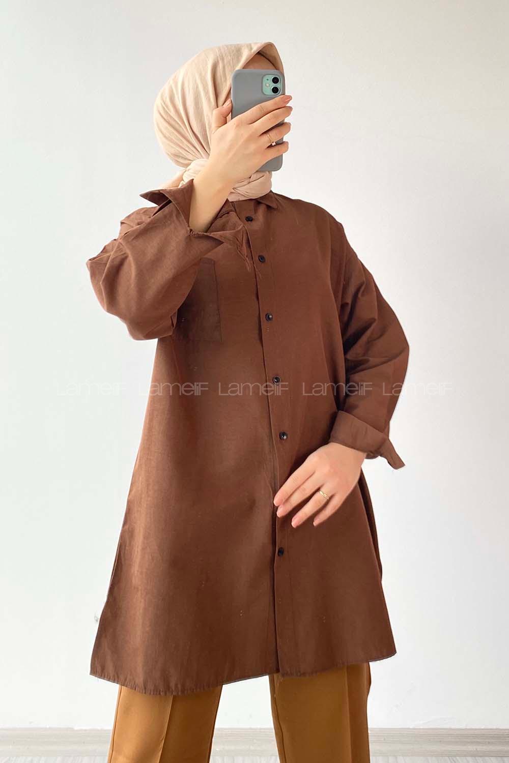 Modalamelif Tek Cep Detaylı Dakron Gömlek Acıkahve