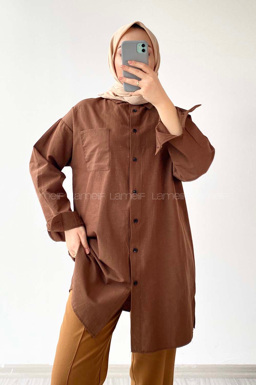 Modalamelif Tek Cep Detaylı Dakron Gömlek Acıkahve