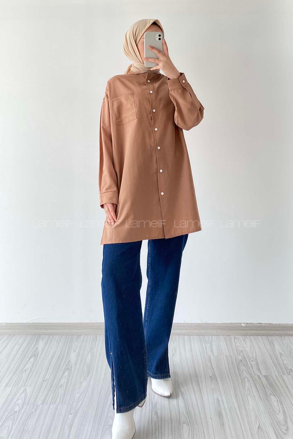 Modalamelif Tek Cep Detaylı Dakron Gömlek Camel