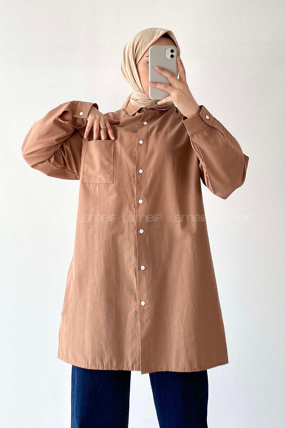 Modalamelif Tek Cep Detaylı Dakron Gömlek Camel