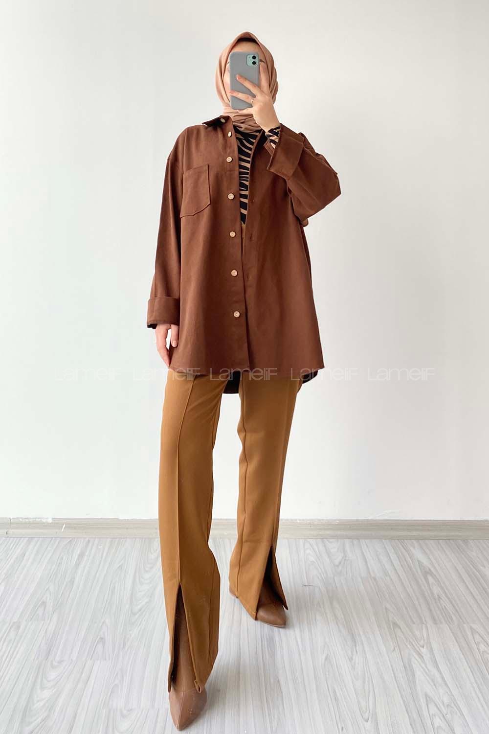 Bitter Brown Shirt Collar Long Arm Cotton Fabric Unprinted Shirt