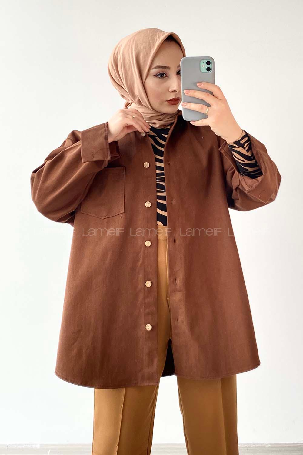 Bitter Brown Shirt Collar Long Arm Cotton Fabric Unprinted Shirt