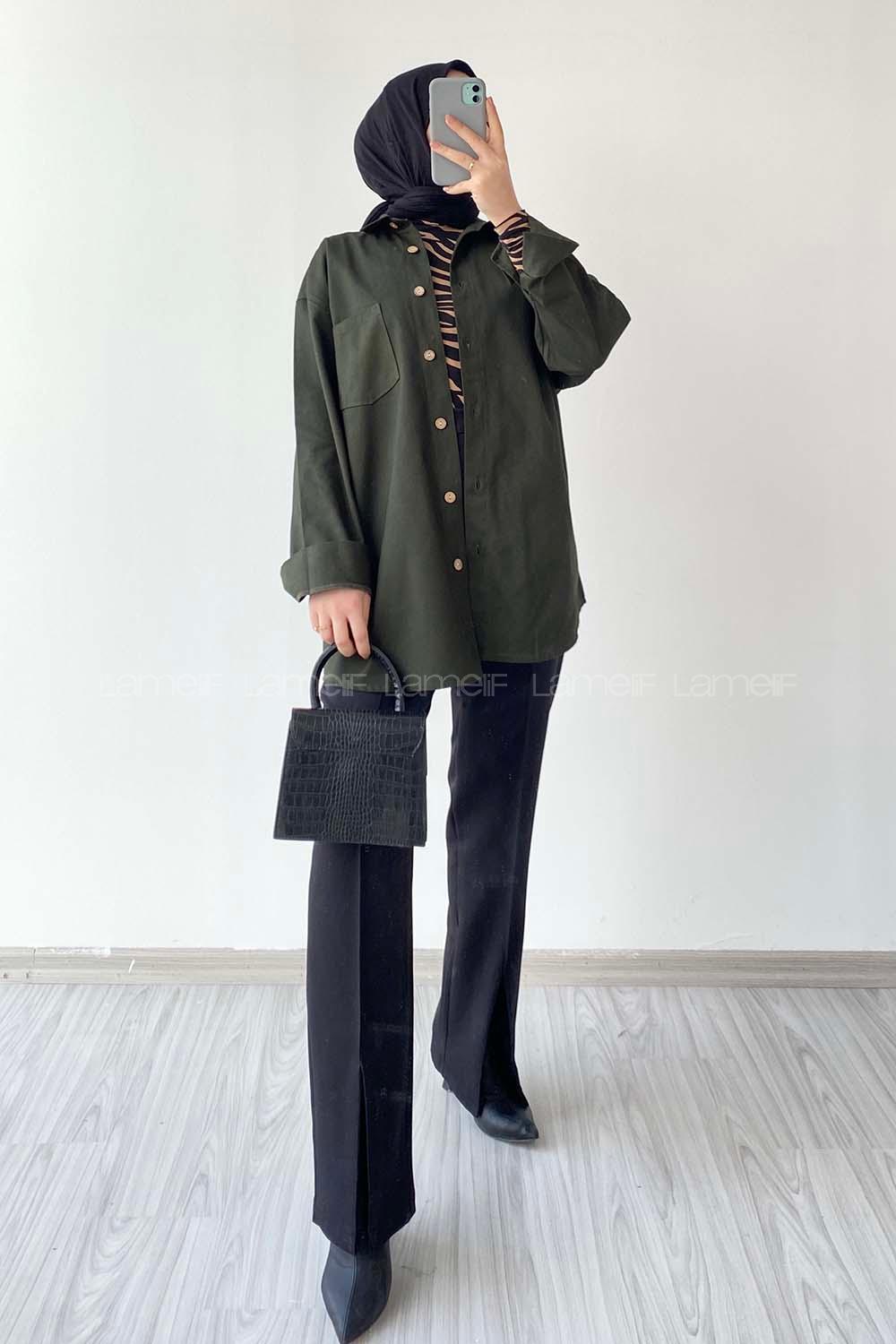 Army Green Shirt Collar Long Arm Cotton Fabric Unprinted Shirt