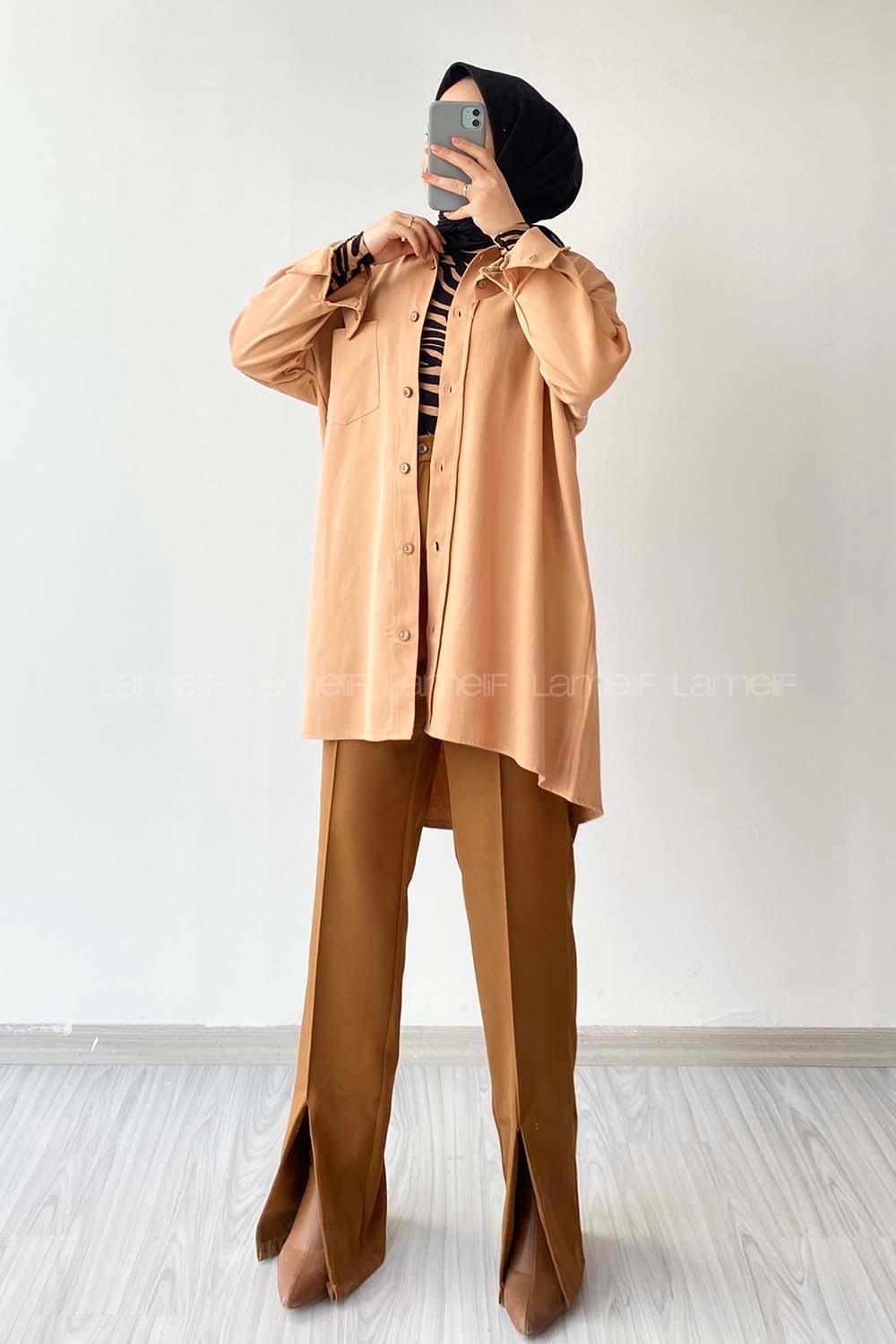 ModalamelModalamelif Tek Cepli Tahta Düğmeli Gömlek Kahverengi Bej