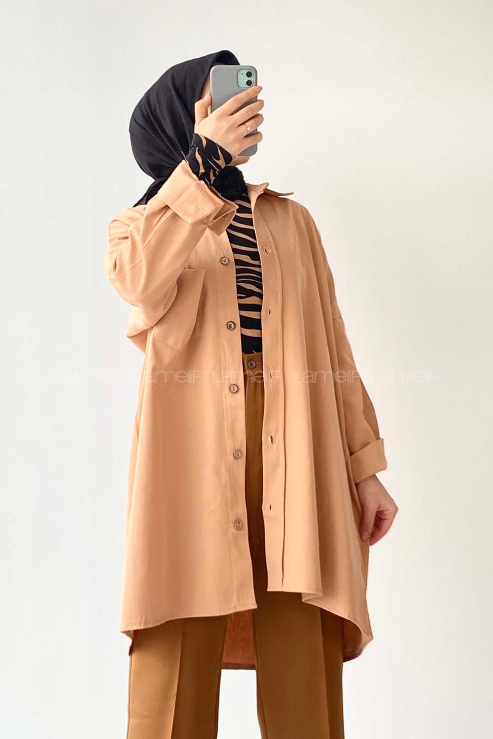 ModalamelModalamelif Tek Cepli Tahta Düğmeli Gömlek Kahverengi Bej