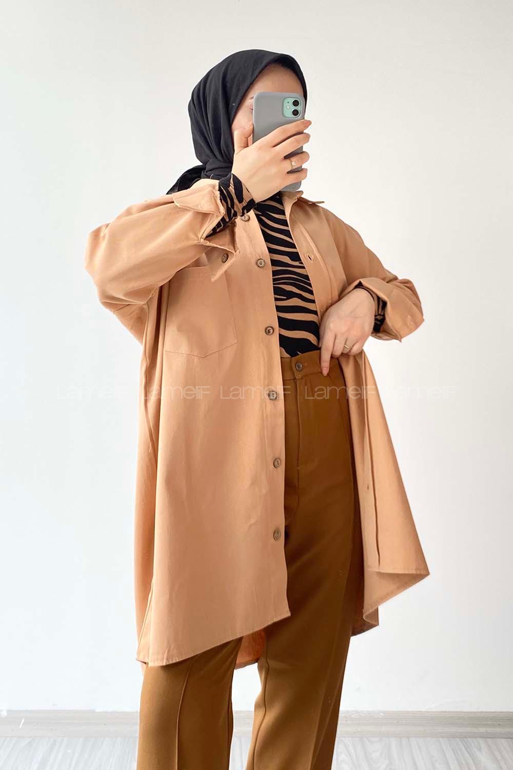 ModalamelModalamelif Tek Cepli Tahta Düğmeli Gömlek Kahverengi Bej