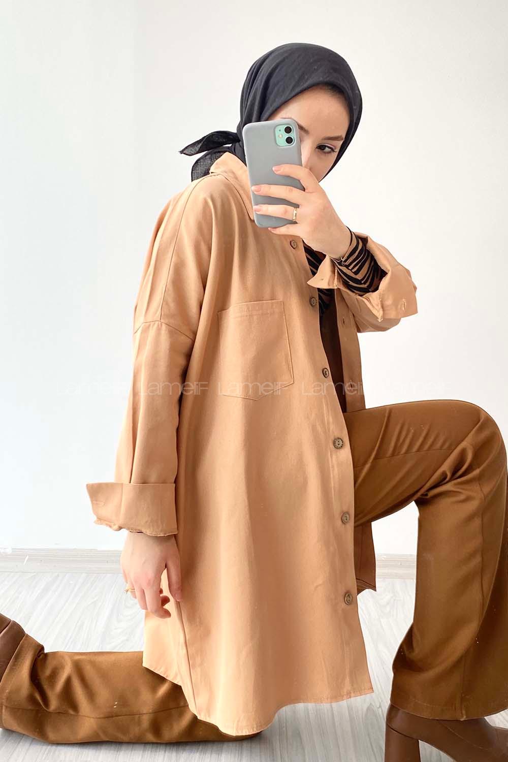 ModalamelModalamelif Tek Cepli Tahta Düğmeli Gömlek Kahverengi Bej