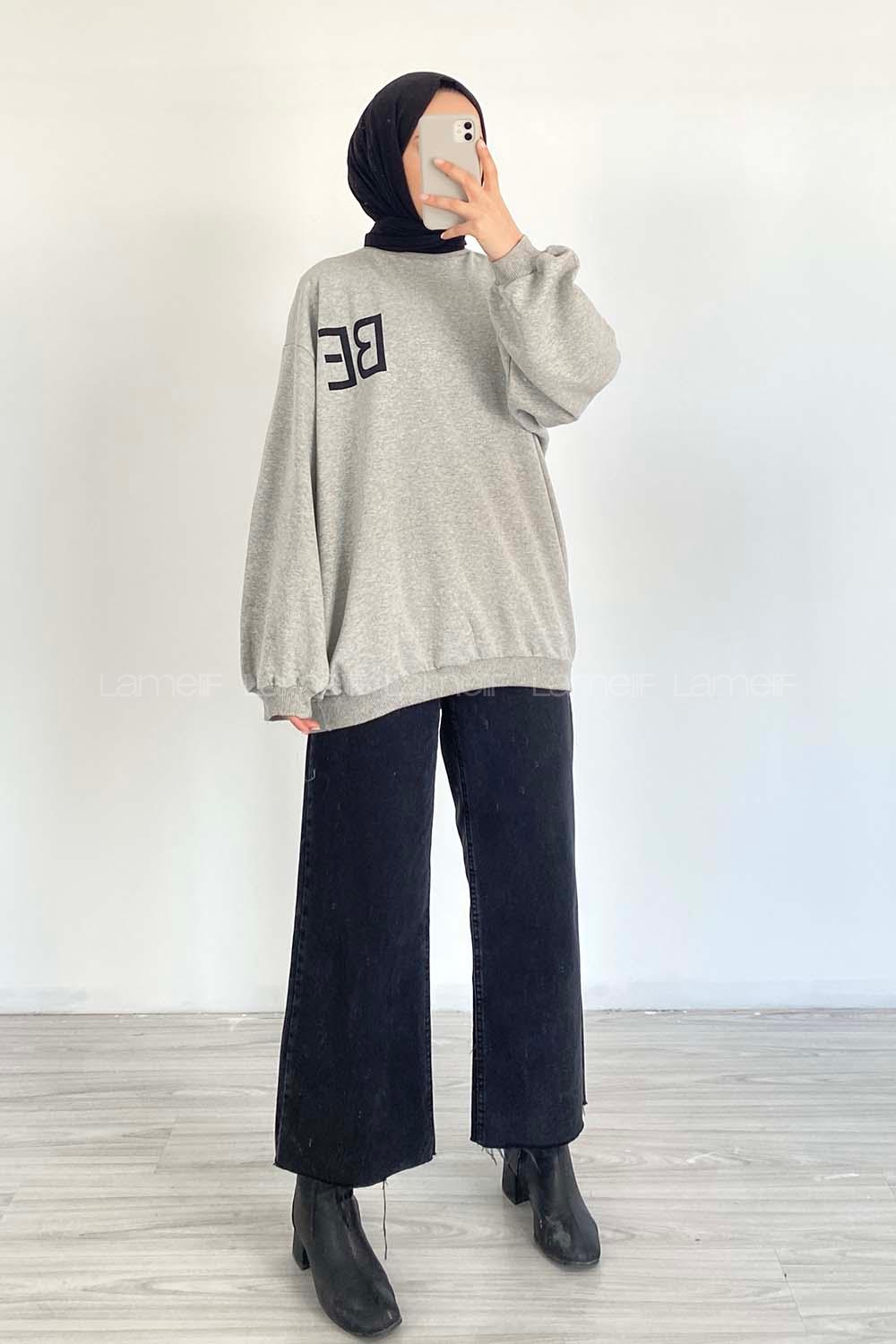 Modalamelif Bisiklet Yaka BE Yazılı Sweatshirt Gri