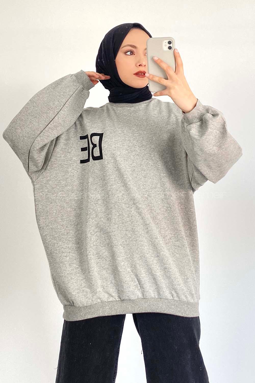 Modalamelif Bisiklet Yaka BE Yazılı Sweatshirt Gri
