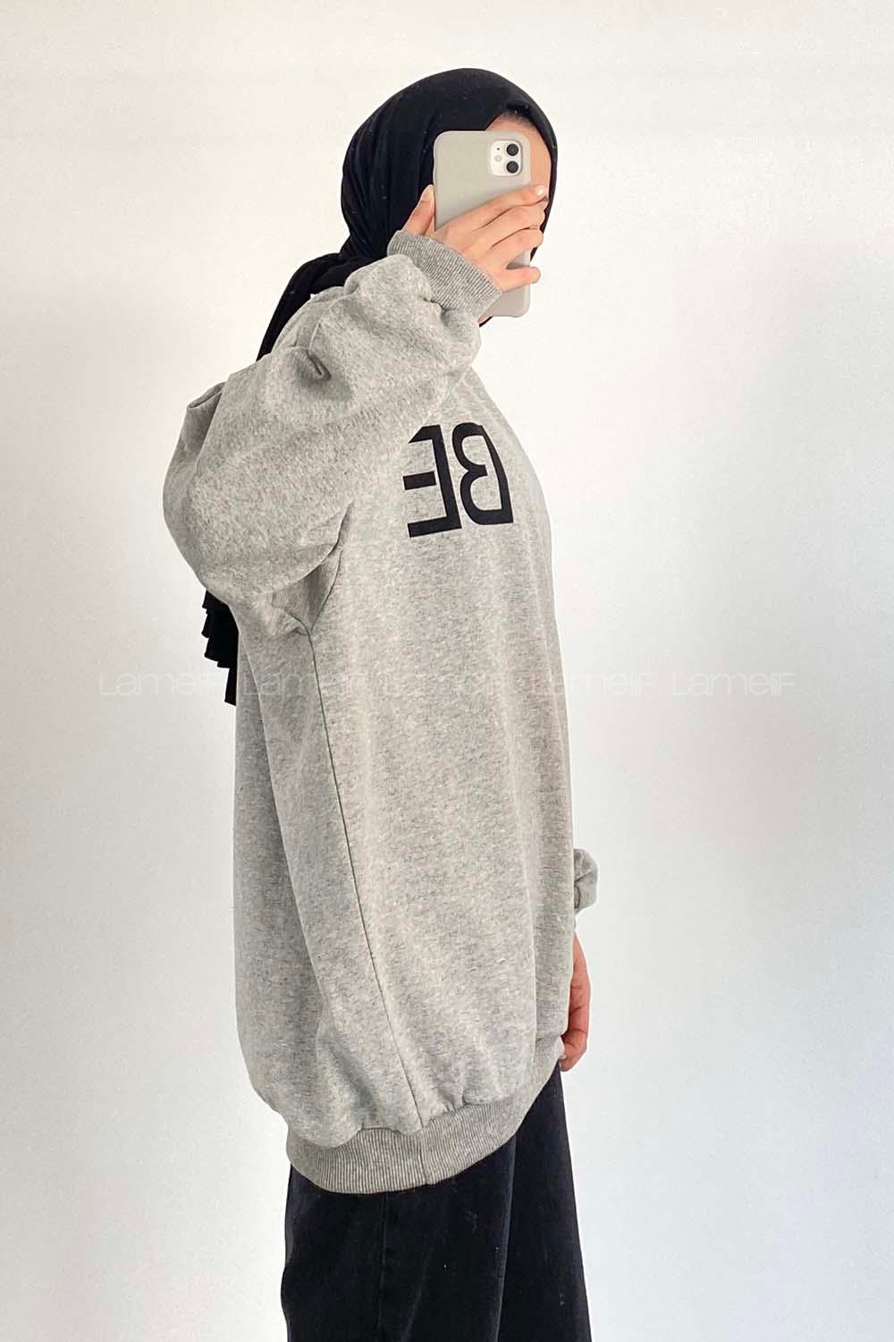 Modalamelif Bisiklet Yaka BE Yazılı Sweatshirt Gri